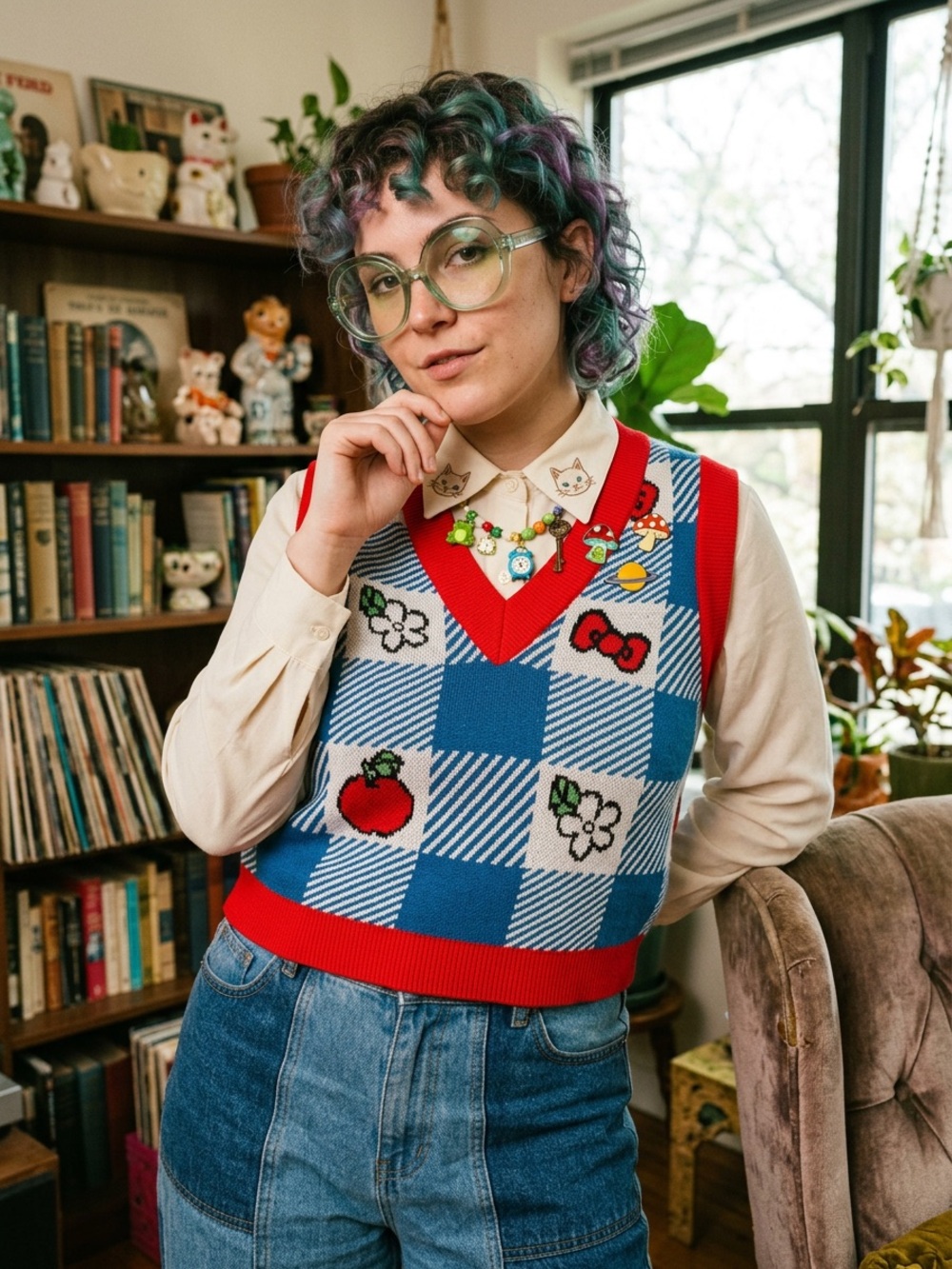 Hello Kitty Knit Sweater Vest Checkered Cropped Blue Red Check XL
